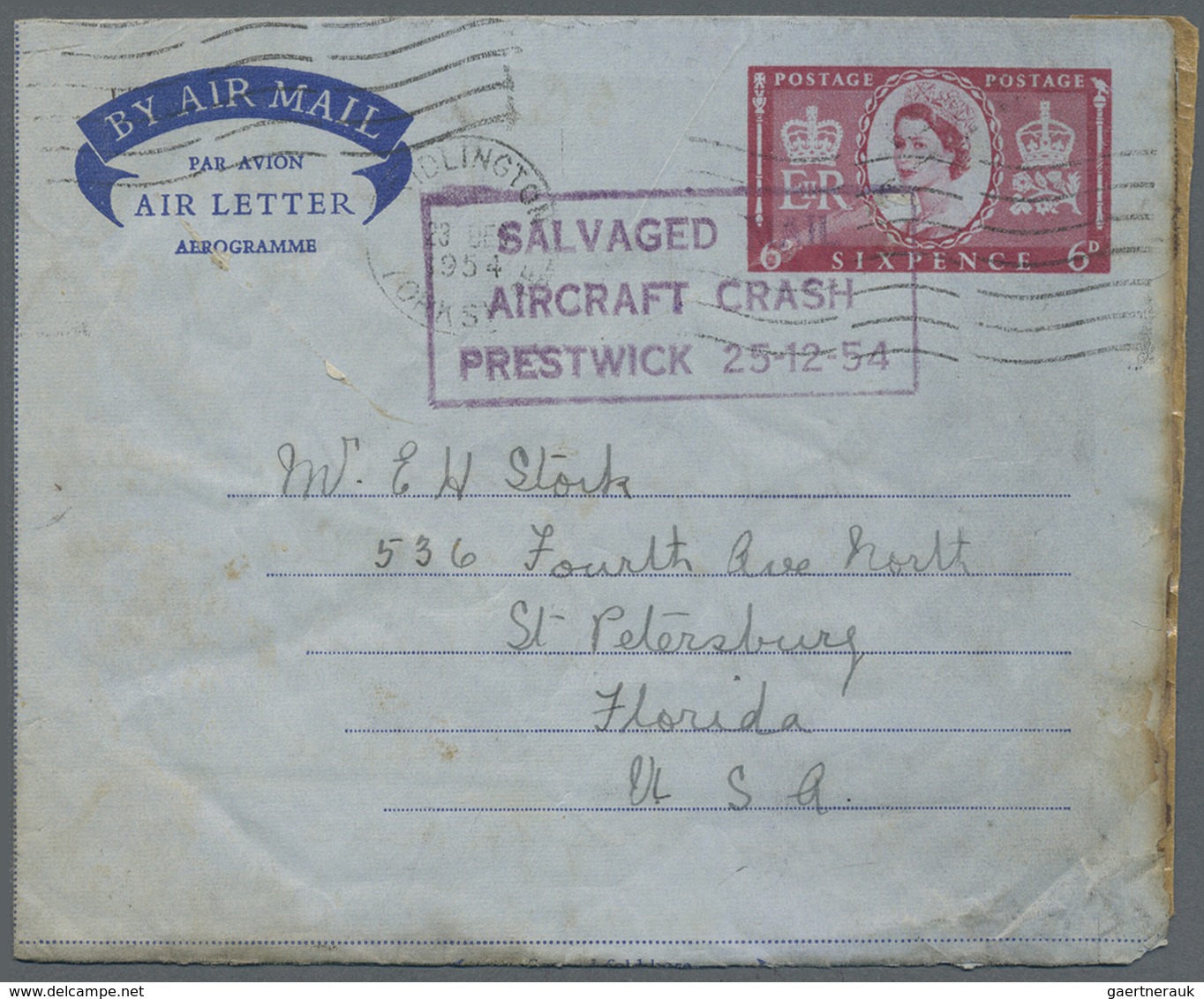 GA Großbritannien - Ganzsachen: 1954 (22./23..12.), GREAT BRITAIN: Four Heavy Burnt Airletters And One - 1840 Enveloppes Mulready