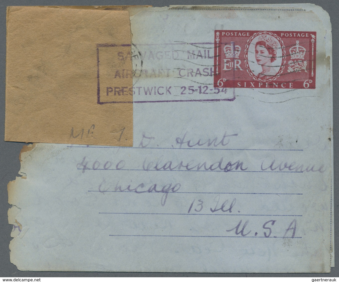 GA Großbritannien - Ganzsachen: 1954 (22./23..12.), GREAT BRITAIN: four heavy burnt airletters and one