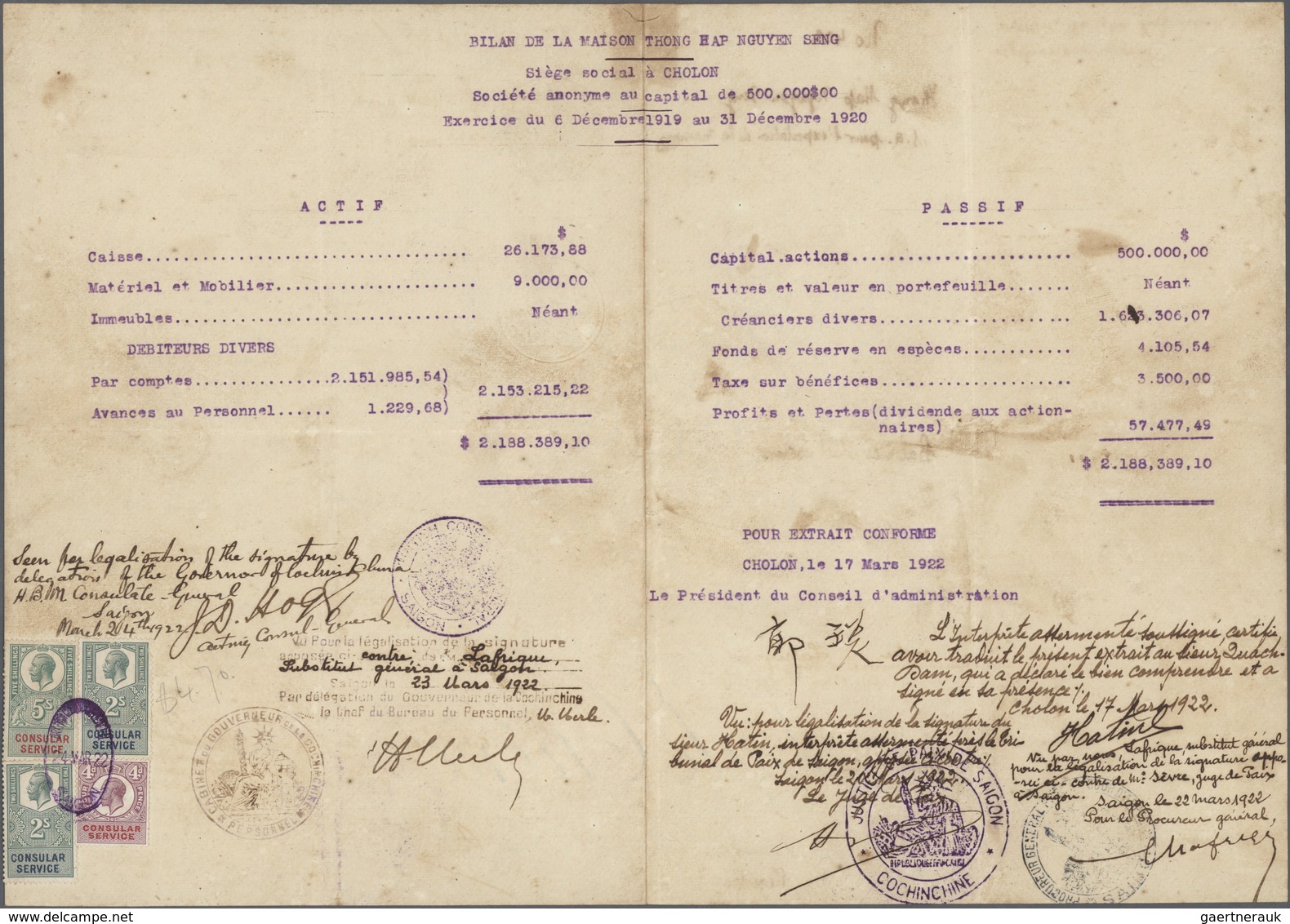 Großbritannien - Besonderheiten: 1922, Company Bilance Of French Indochina Firm With Seals Of Court - Andere & Zonder Classificatie