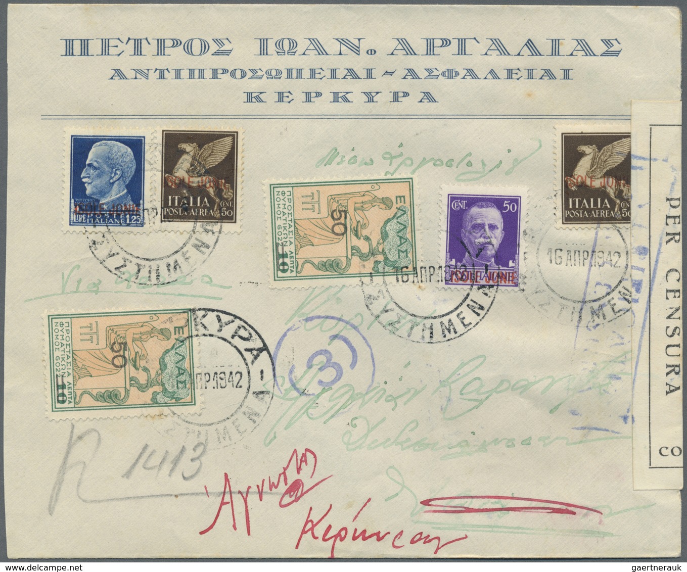 Br Ionische Inseln: 1942. Registered Envelope Addressed To Ithaca Bearing Italian Occupation SG 6, 50c - Iles Ioniques