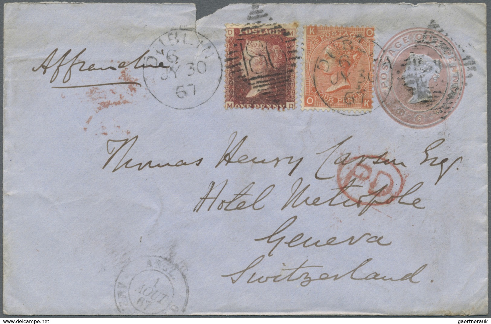 GA Irland: 1867. Postal Stationery Envelope 1d Pink (faults,tears) Upgraded With SG 43, 1d Rose/red And - Brieven En Documenten