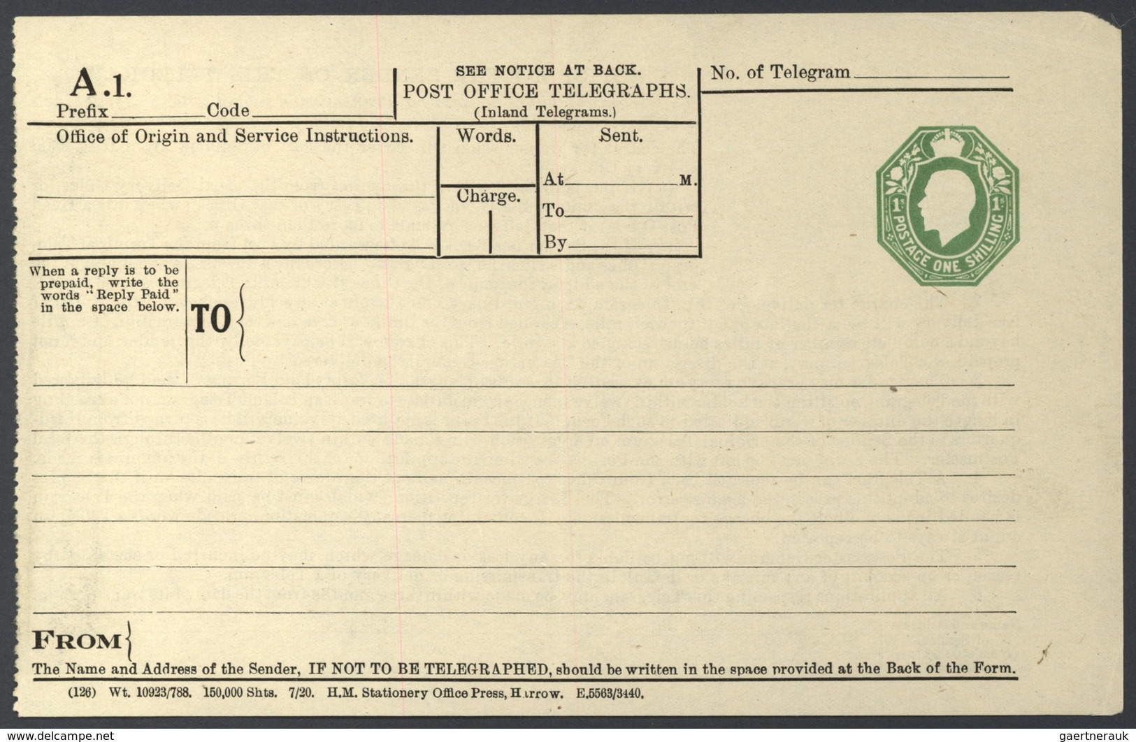 GA Irland - Ganzsachen: 1922, Postal Stationery Telegramm 1 Sh. Green (A 1), Unused, Central Vertical F - Entiers Postaux