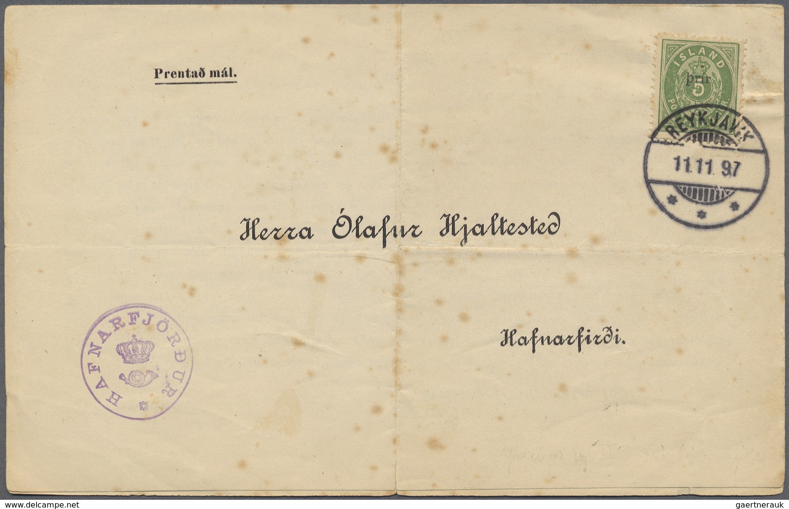 Br Island: 1897, Printed Circular Addressed To Hafnarfjordur Bearing Yvert 19 5a Green (prir Surcharge - Other & Unclassified