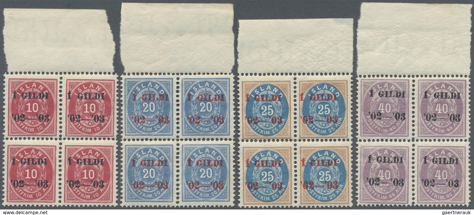 ** Island: 1904, Berne Printings, 3a. To 100a., Complete Set Of Ten Values, Top Marginal Bocks Of Four, - Other & Unclassified
