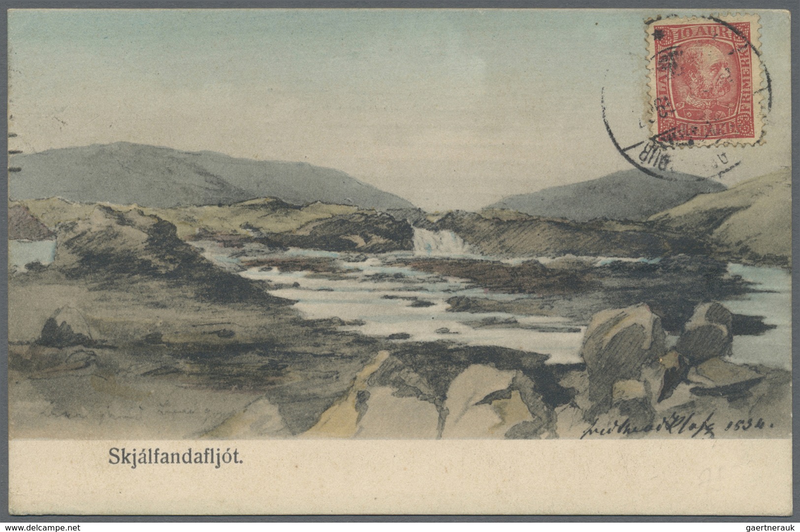 Island: 1907, Skjálfandafljót, Historische Kolorierte Ansichtskarten Mit Briefmarke Und Entwertung A - Other & Unclassified