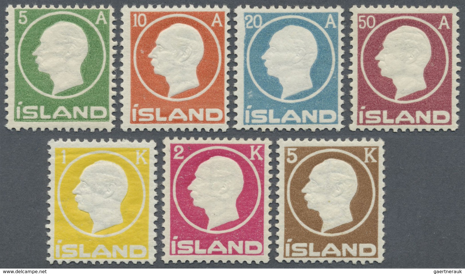 ** Island: 1912, Defnitives Frederik, 5a. To 5kr., Complete Set Of Seven Values (20a. Showing Distincti - Other & Unclassified