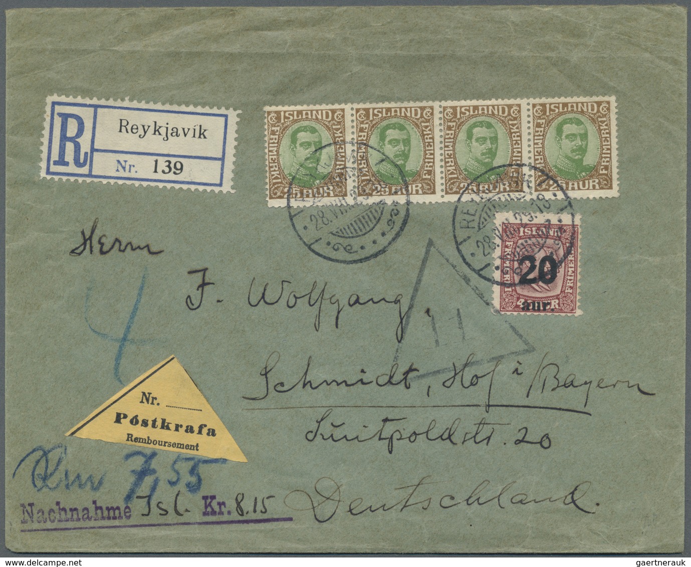 Br Island: 1929, Registered Letter With Cash On Delivery Sent From REYKJAVIK To Hof, Bavaria. - Autres & Non Classés