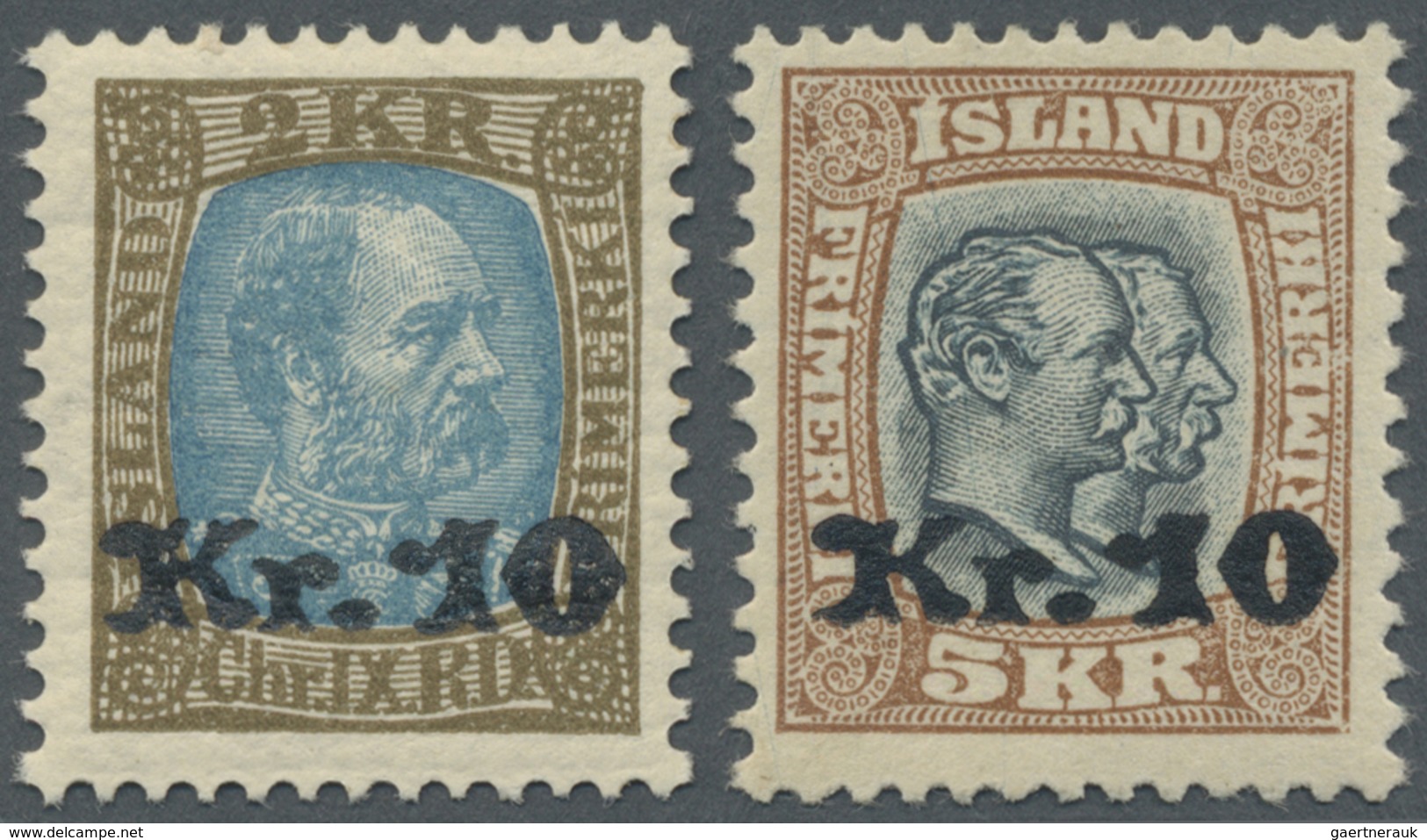 ** Island: 1929/1930, Zwei Aufdruckwerte Mit 10 Kr. Auf 2 Kr. Olivbraun/hellblau Bzw. Auf 5 Kr. Hellbra - Andere & Zonder Classificatie