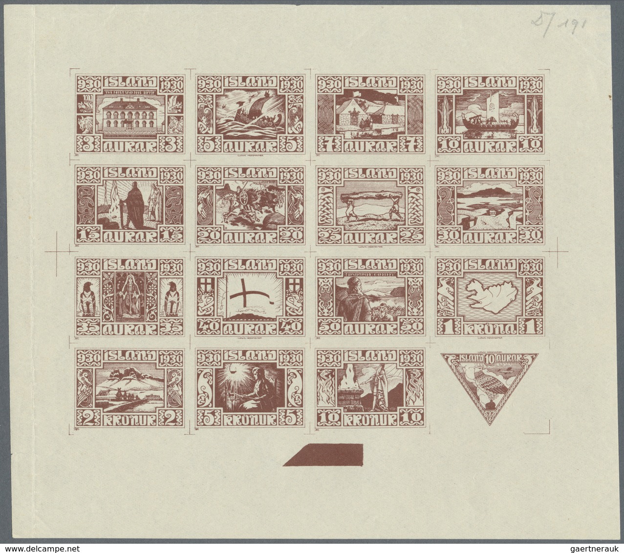 ** Island: 1930, Composite Die Proof Sheet In Dark Brown Of Design Plate Only Of The Complete Set Of 16 - Other & Unclassified