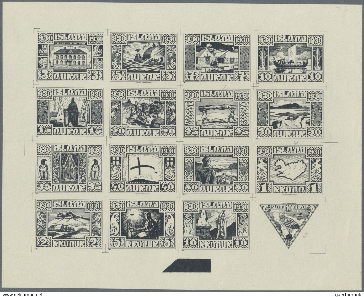 ** Island: 1930, Composite Die Proof Sheet In Black Of Design Plate Only Of The Complete Set Of 16 Valu - Autres & Non Classés