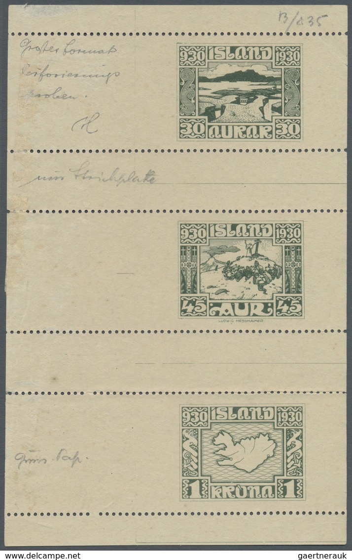 (*) Island: 1930, Cardboard Proof Of Design Plate Of 30 A., The Unisssued 45 A. And The 1 Kr., All In Ol - Sonstige & Ohne Zuordnung