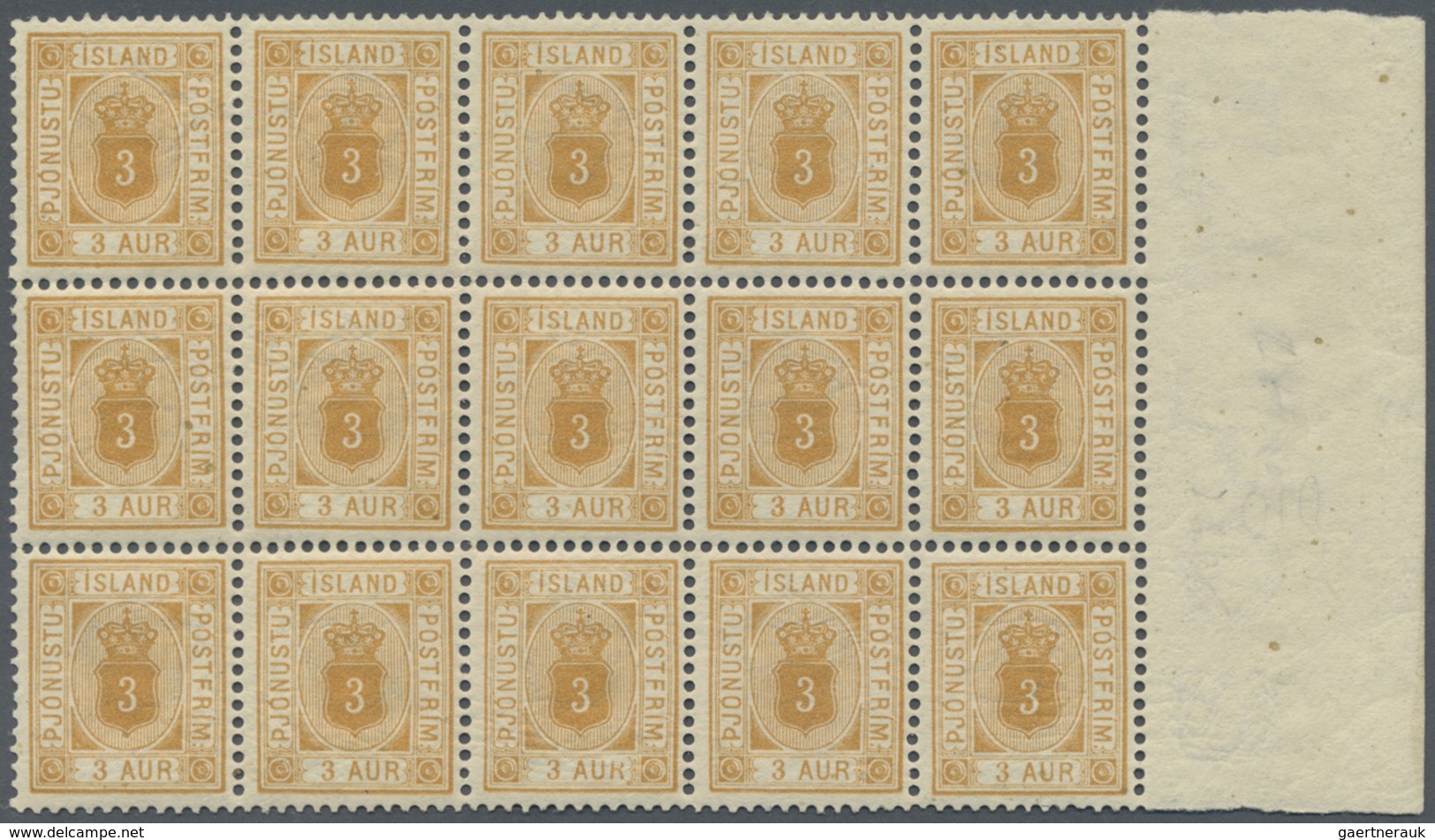 ** Island - Dienstmarken: 1896, 3a. Ocre, Perf. 12¾, Marginal Block Of 15, Bright Colour, Well Perforat - Dienstzegels