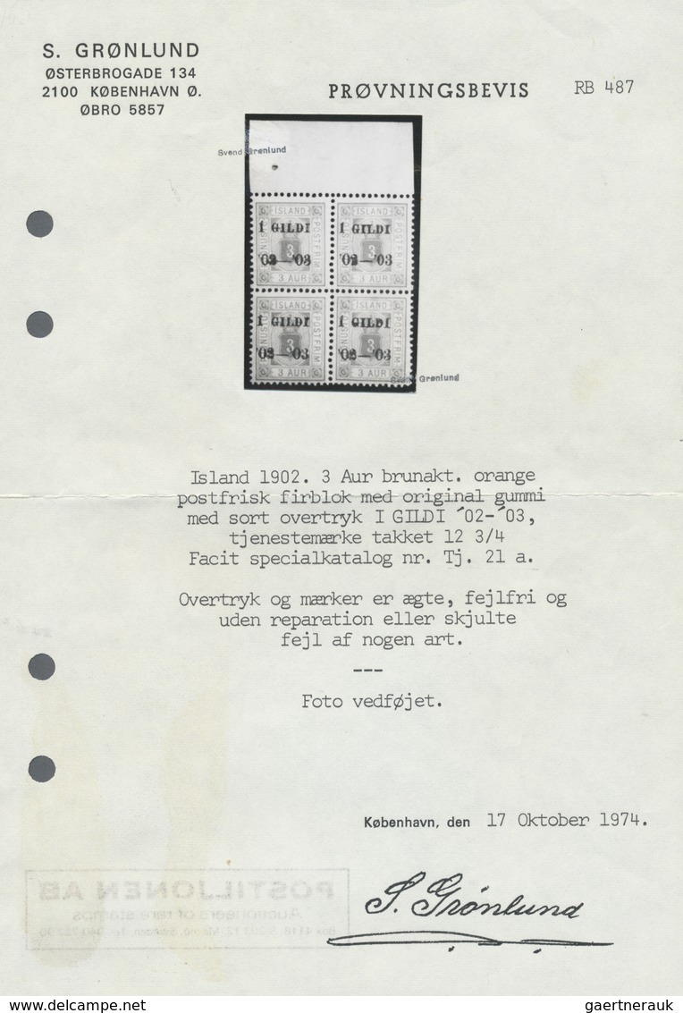 ** Island - Dienstmarken: 1902, Gildi Overprints, 3a. BROWNISH ORANGE (BRUNAKT ORANGE), Top Marginal Bl - Service