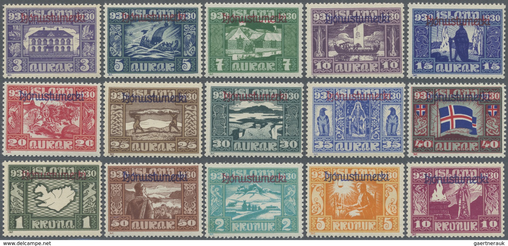 ** Island - Dienstmarken: 1930, Allthing, Overprint Issue, 3a. To 10kr., Complete Set Of 16 Values (inc - Dienstzegels