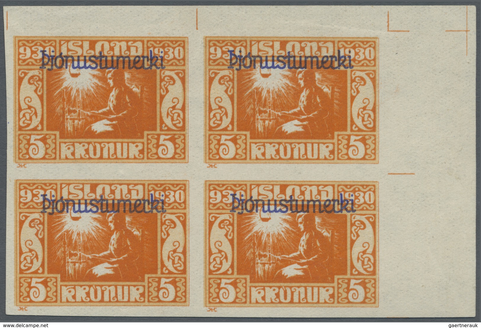 **/* Island - Dienstmarken: 1930, 5 Kr. Allthing With Overprint IMPERFORATED In Upper Right Corner Block - Dienstzegels