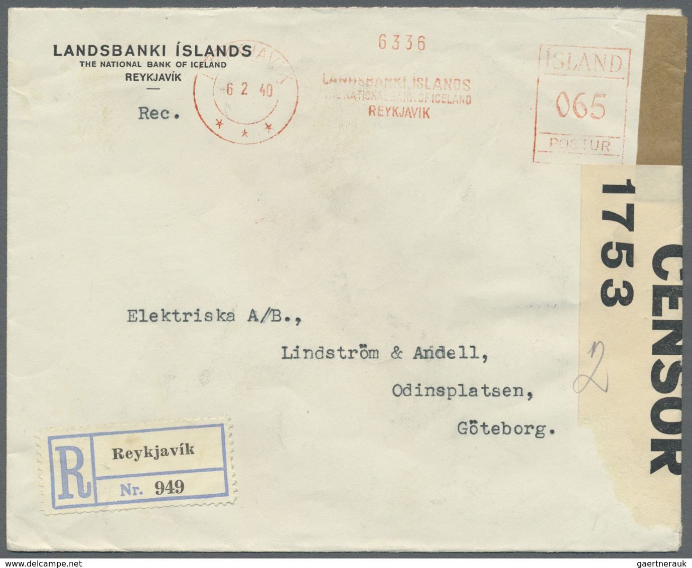 Br Island - Besonderheiten: 1940 (6.2.), Registered Cover 'Landsbanki Islands' From Reykjavik With Mete - Andere & Zonder Classificatie