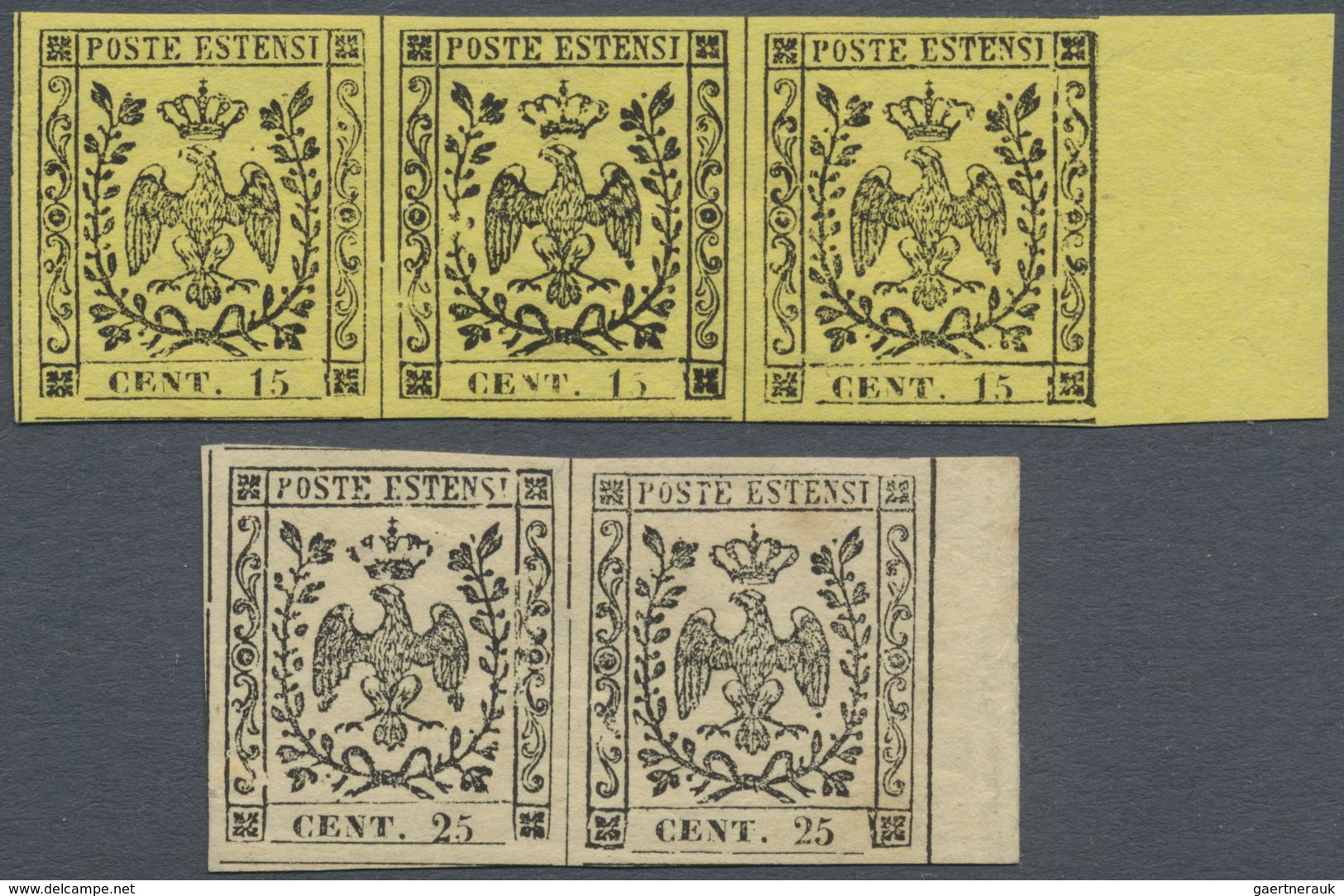 * Italien - Altitalienische Staaten: Modena: 1852: 15 C Black On Yellow (strip Of Three) And 25 C. Bla - Modena