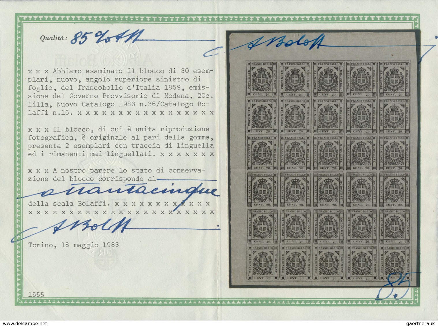 **/* Italien - Altitalienische Staaten: Modena: 1859: Provisorial Government, 20 Cent Rosa, Block Of Thir - Modène