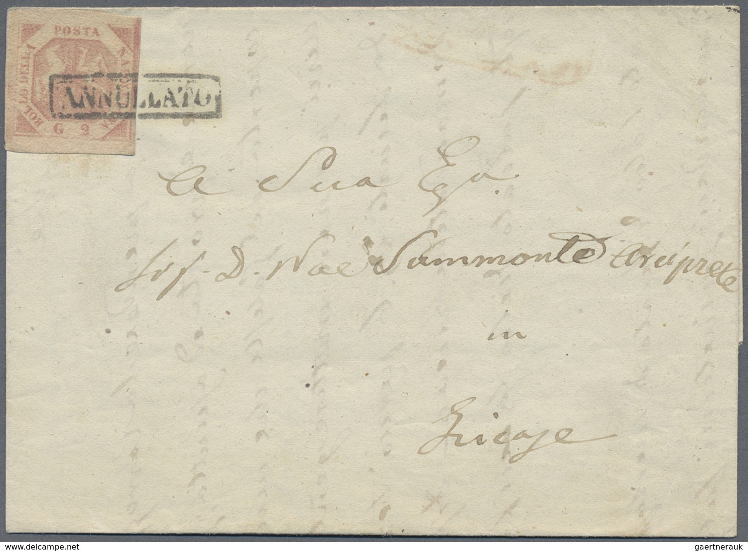 Br Italien - Altitalienische Staaten: Neapel: 1859: 2 Gr Rosa, Stright Line Framed ANNULLATO, On Letter - Naples