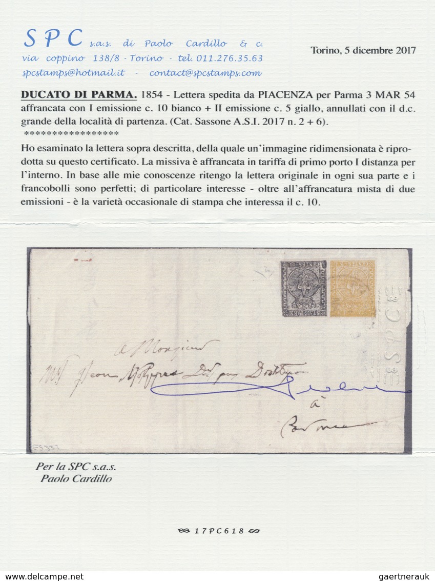 Br Italien - Altitalienische Staaten: Parma: 1854: 10 C. Black On White With Obvious Plate Flaw And 5 C - Parme