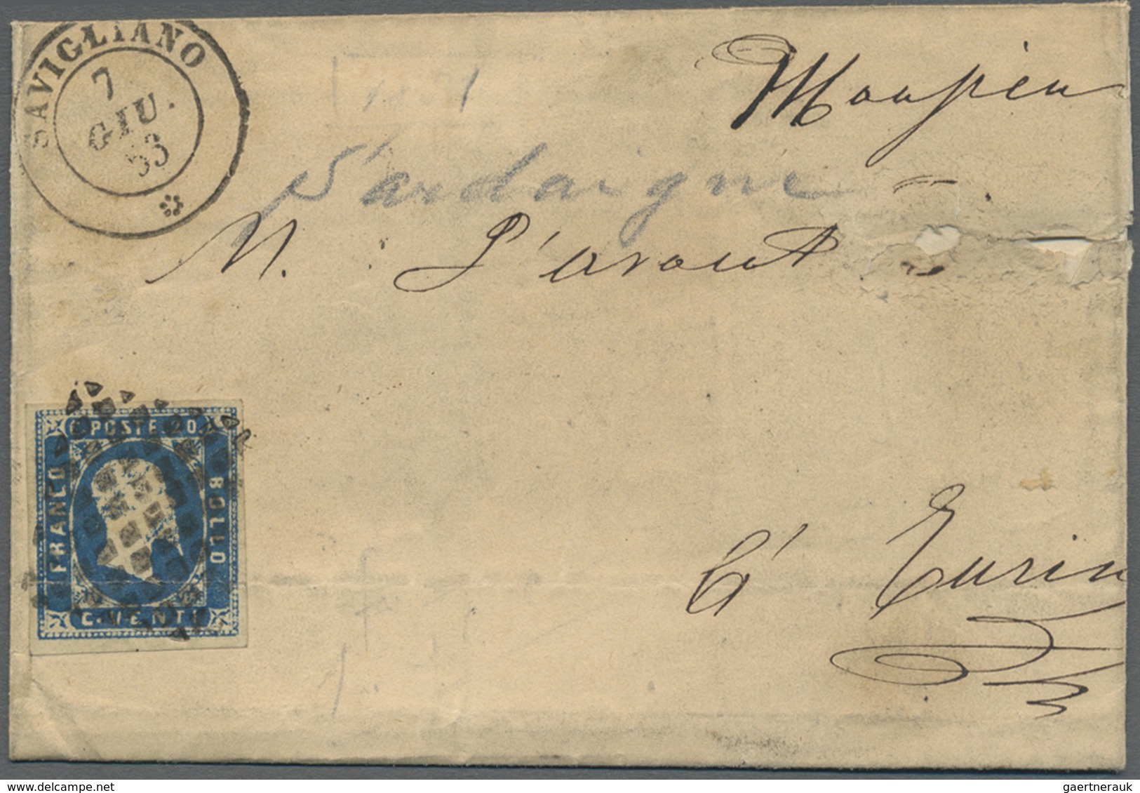 Br Italien - Altitalienische Staaten: Sardinien: 1851 KVEII. 20c Blue, Used On Folded Cover 1853 From S - Sardinië