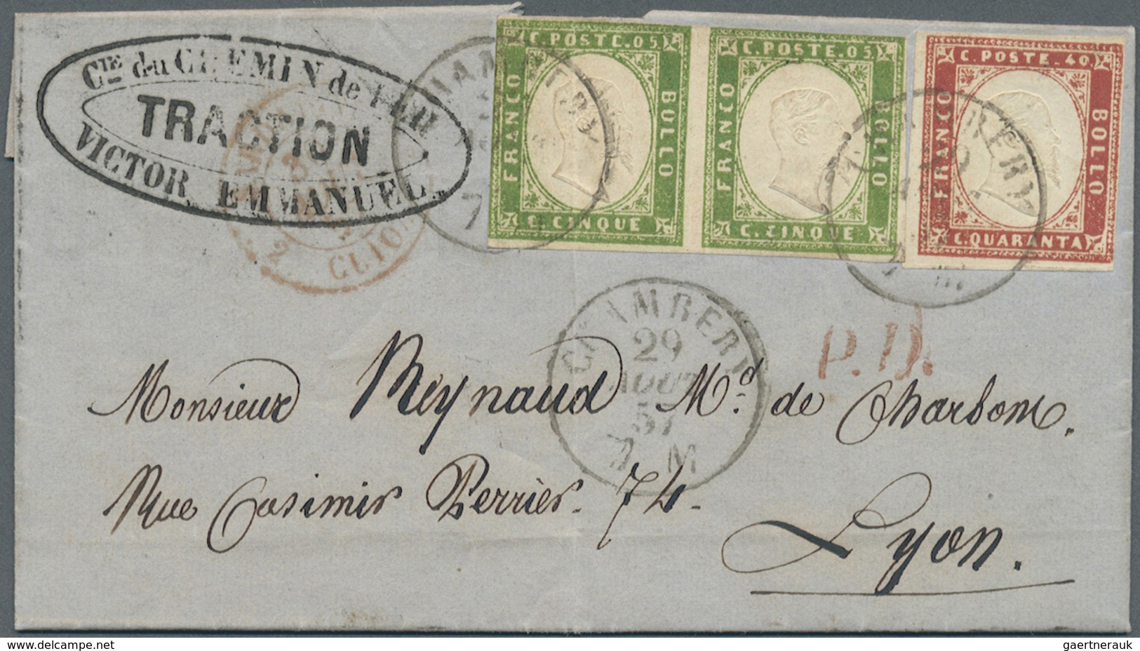 Br Italien - Altitalienische Staaten: Sardinien: 1857, Envelope (vertical Fold Affecting One Adhesive) - Sardaigne