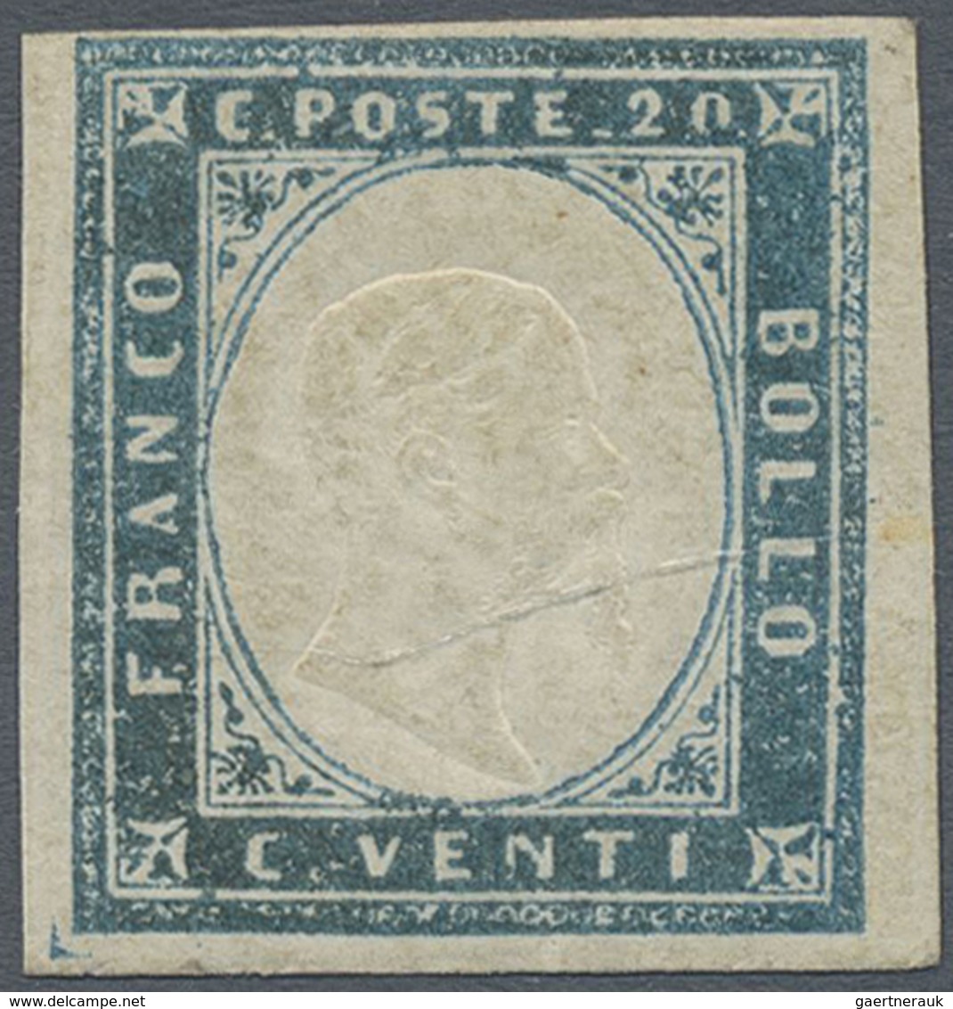 * Italien - Altitalienische Staaten: Sardinien: 1855, 20c Sky Blue "celeste", With Large To Full Margi - Sardinië