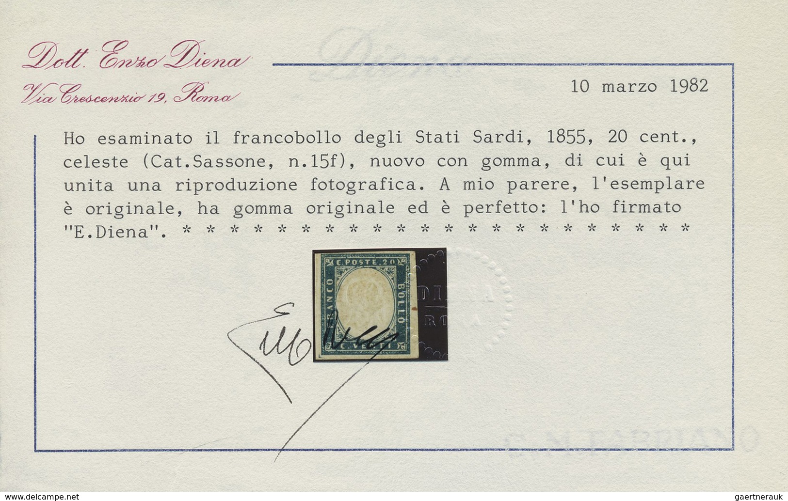 * Italien - Altitalienische Staaten: Sardinien: 1855, 20c Sky Blue "celeste", With Large To Full Margi - Sardaigne