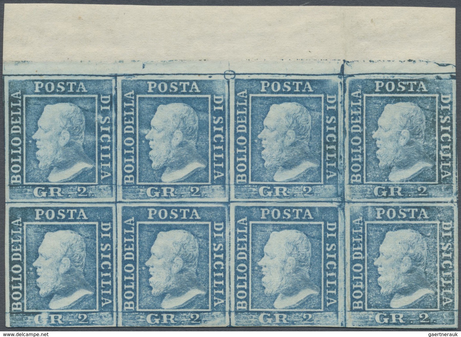 ** Italien - Altitalienische Staaten: Sizilien: 1859: 2 Gr. Light Blue, Palermo Paper, Block Of Eight F - Sicily