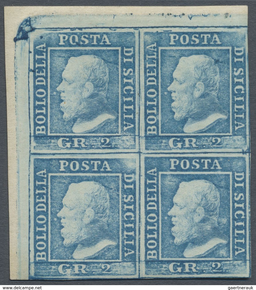 */ Italien - Altitalienische Staaten: Sizilien: 1859: 2 Gr Blue, Palermo Paper, Block Of Four From Uppe - Sicile