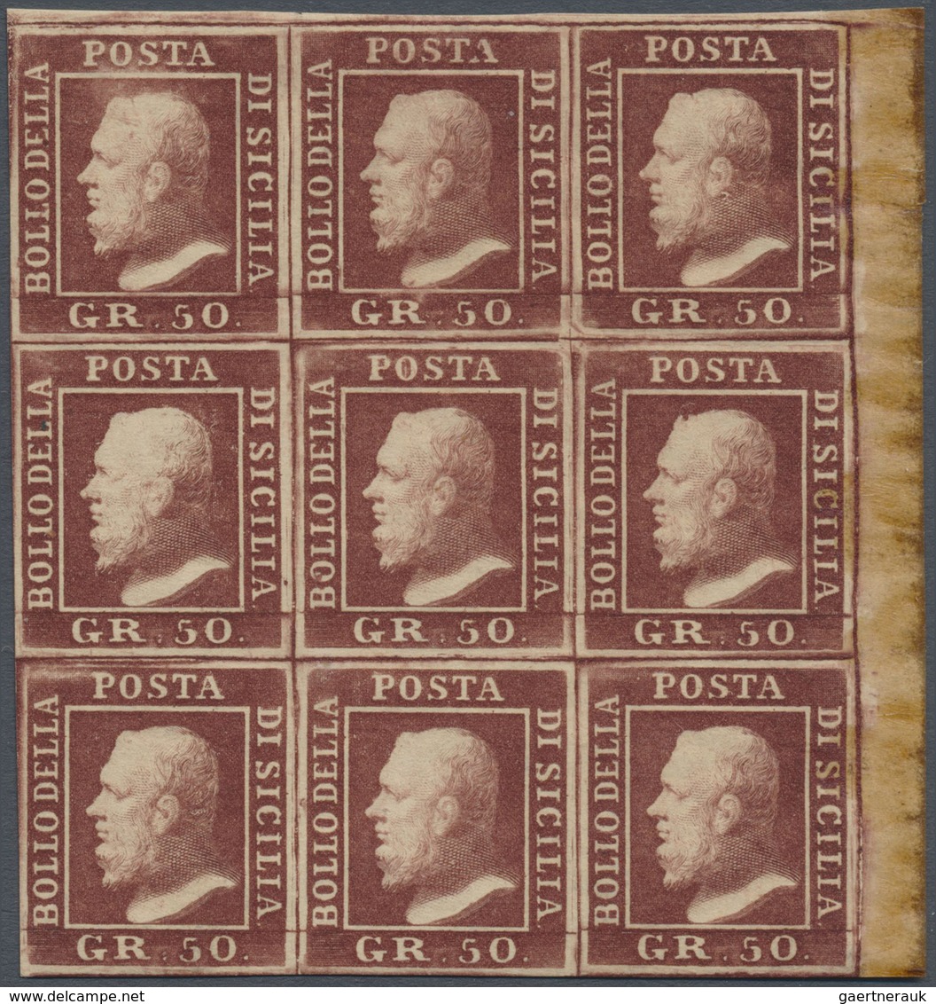 Italien - Altitalienische Staaten: Sizilien: 1859: 50 Gr Brown, Block Of Nine From The Upper Right C - Sicily