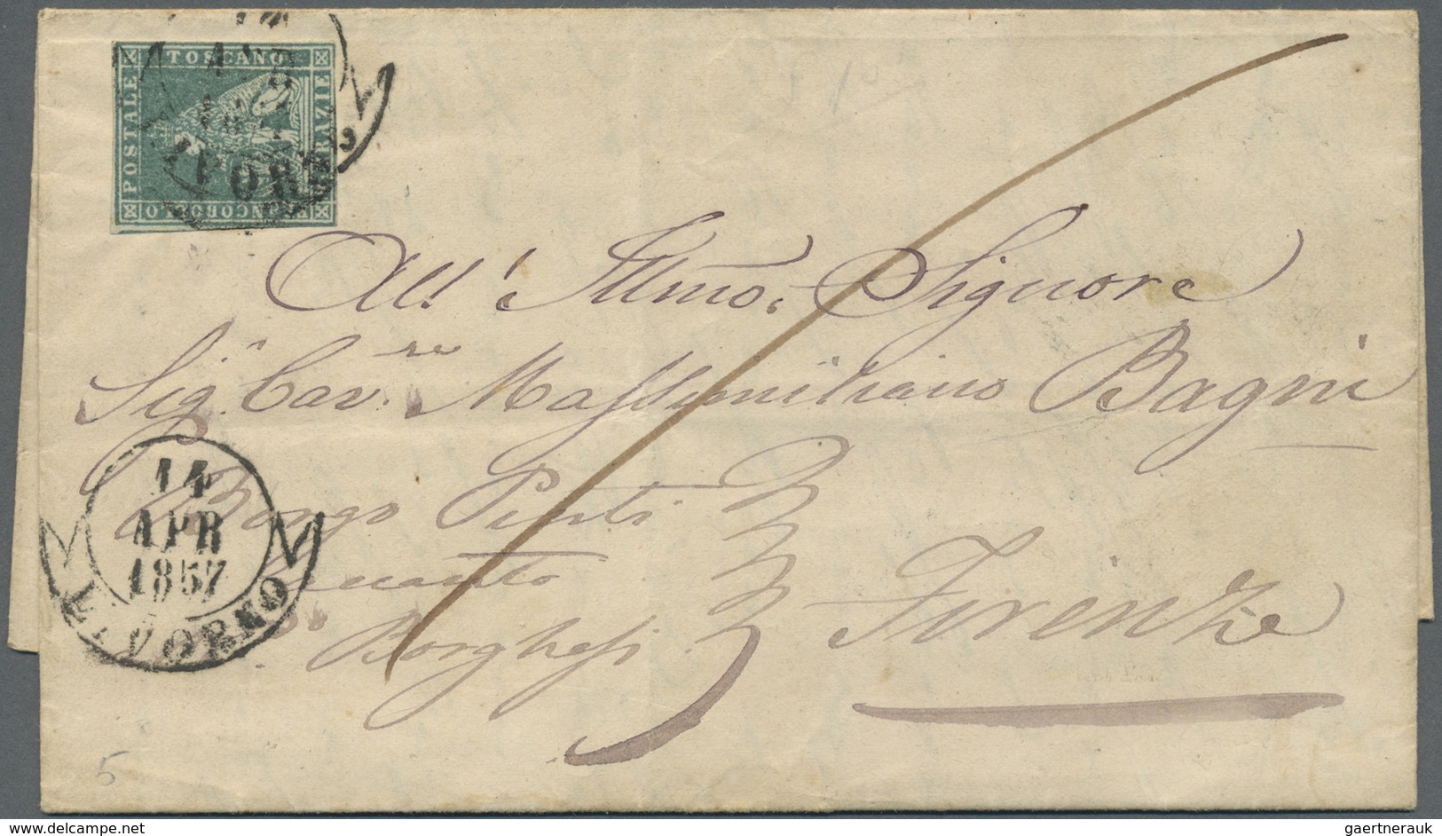 Br Italien - Altitalienische Staaten: Toscana: 1857: 2 Crazie Greenish Blue, Slightly Touched At Bottom - Toscane