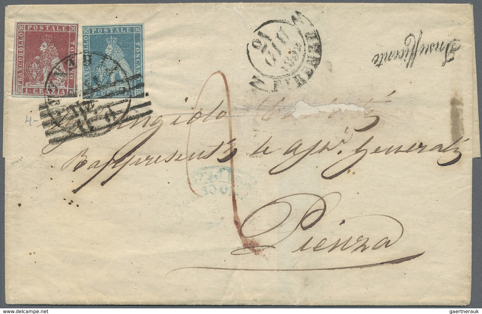 Br Italien - Altitalienische Staaten: Toscana: 1853, 1cr. Carmine Red And 2cr. Dull Blue On Folded Enve - Toscane