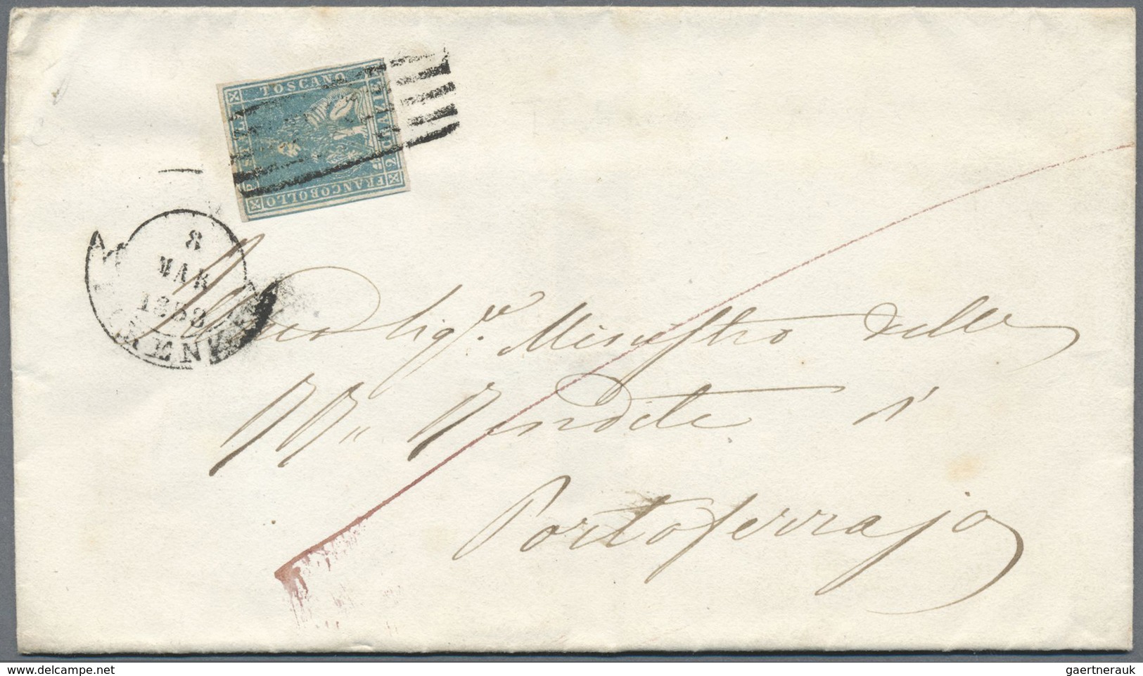 Br Italien - Altitalienische Staaten: Toscana: 1851: 2 Crazie Blue, Tied By 5 Bars Killer, "8 MAR 1852 - Toscane