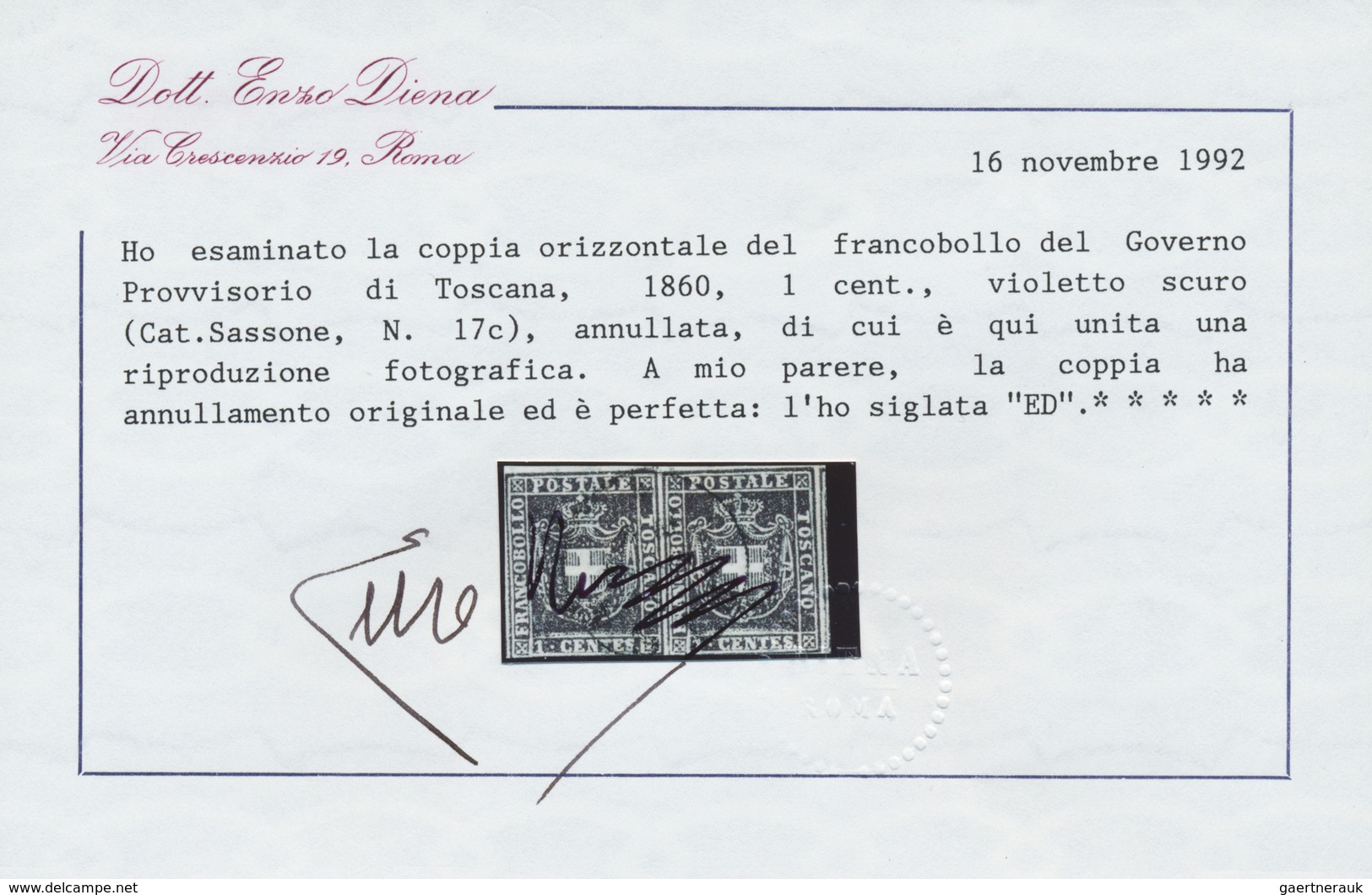 O/ Italien - Altitalienische Staaten: Toscana: 1860, Prov. Regierung Wappen 1 C. Dunkelviolett Im Waagr - Toscane