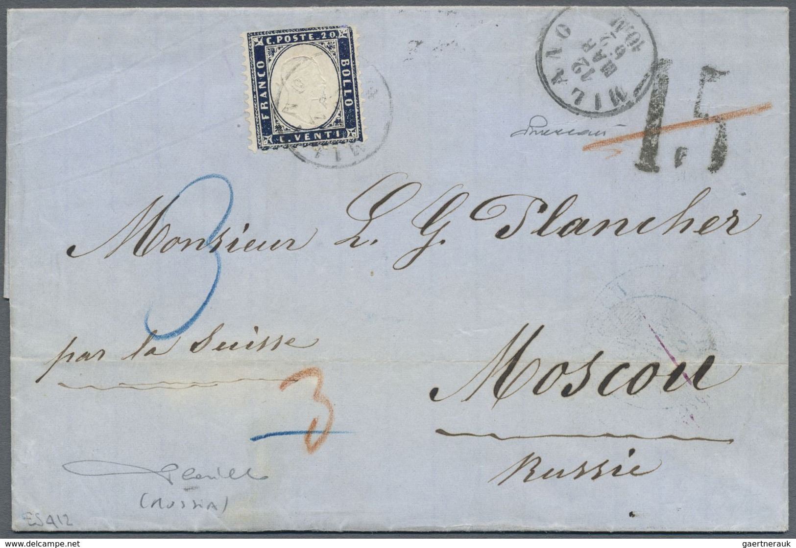 Br Italien: 1862: 20 C. Indigo, Single, Scissors Cut At Top, On Letter From Milan 12/3/62 Endorsed "par - Marcophilie