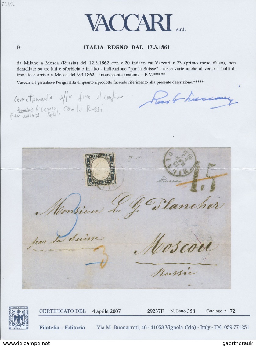 Br Italien: 1862: 20 C. Indigo, Single, Scissors Cut At Top, On Letter From Milan 12/3/62 Endorsed "par - Marcophilie