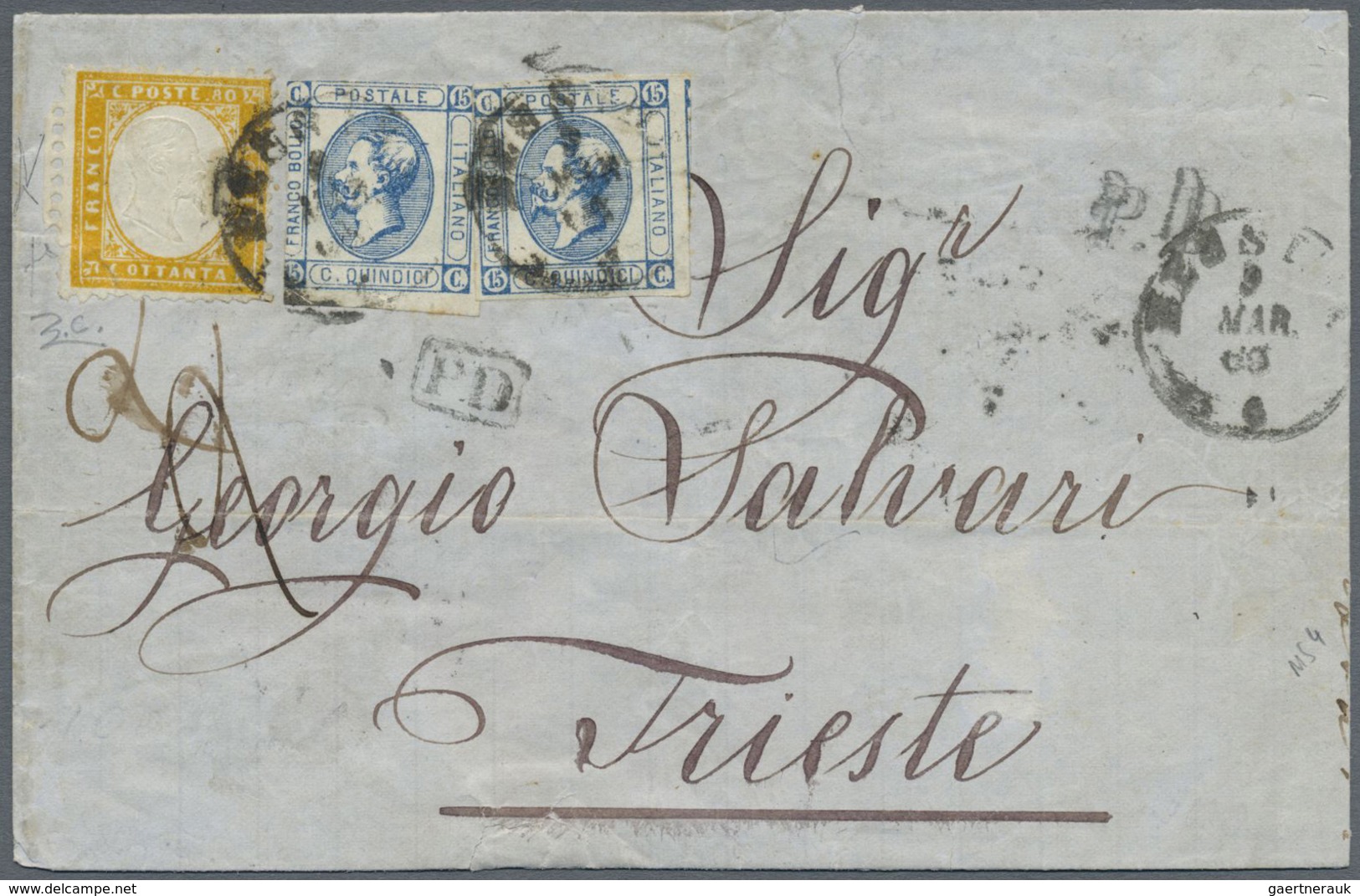 Br Italien: 1863: 80 C Yellow In Rare (unique) Combination With Two 15 C. Blue "litografico" On Double - Marcophilia
