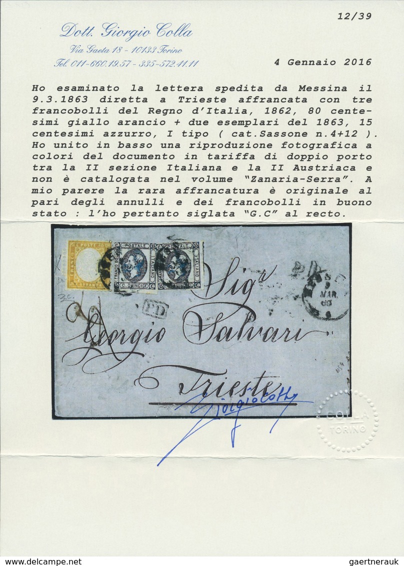 Br Italien: 1863: 80 C Yellow In Rare (unique) Combination With Two 15 C. Blue "litografico" On Double - Marcophilia