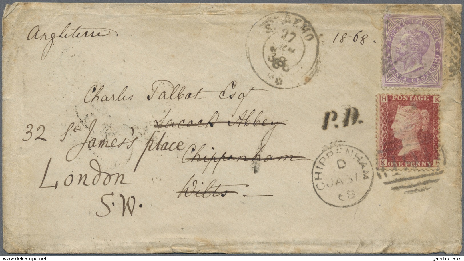 Br Italien: 1868, MIXED FRANKING ITALIA-GREAT BRITAIN: An Envelope Bearing Italian Victor Emanuel 60 C - Marcophilie