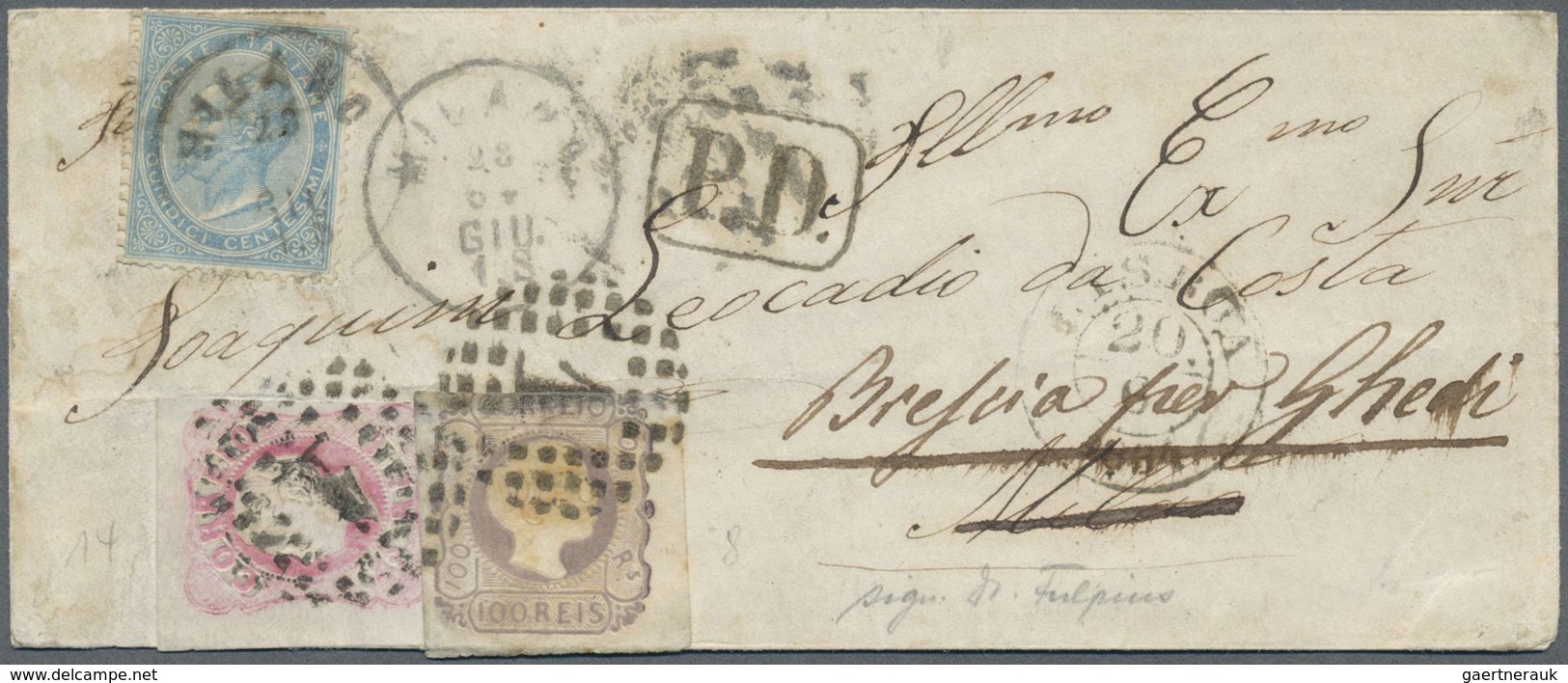 Br Italien: 1864: 100 + 25 Reis, Tied By Dotted Numeral "1" On Letter From Lissabon To Mailand, Forward - Marcophilie