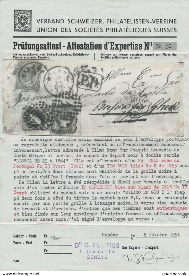 Br Italien: 1864: 100 + 25 Reis, Tied By Dotted Numeral "1" On Letter From Lissabon To Mailand, Forward - Marcophilia