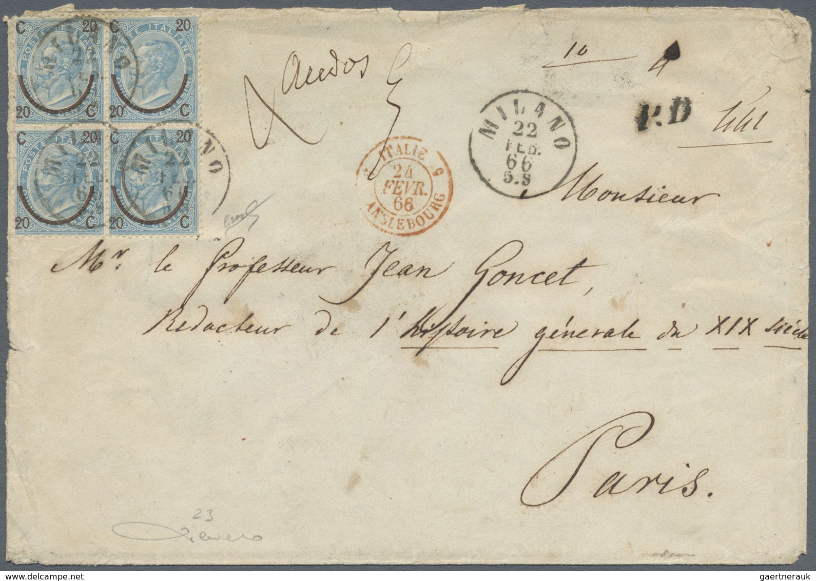 /Br Italien: 1865: 20 C On 15 C Blue, Block Of Four, Small Defects,  And Partly Seperated Before Using, - Marcophilie
