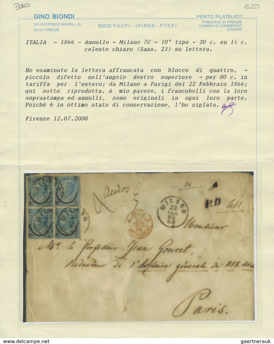 /Br Italien: 1865: 20 C On 15 C Blue, Block Of Four, Small Defects,  And Partly Seperated Before Using, - Marcophilie