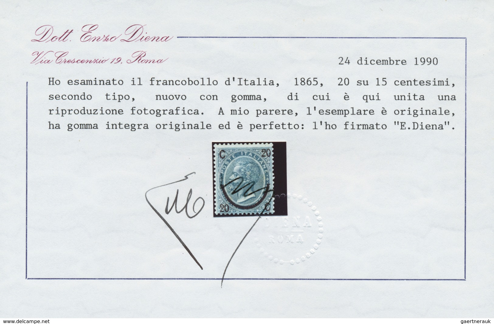 ** Italien: 1865, 20c. On 15cmi. Blue, Type II, Fresh Colour, Well Perforated, Unmounted Mint, Toning S - Marcophilie