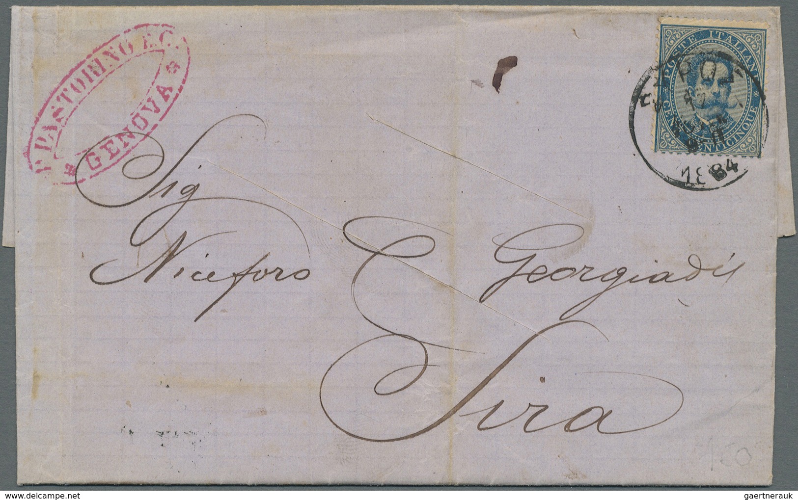 Br Italien: 1879, Umberto I 25 C Blue On On Maritime Letter Posted In Genova And Sent To Sira, Greece, - Marcophilie