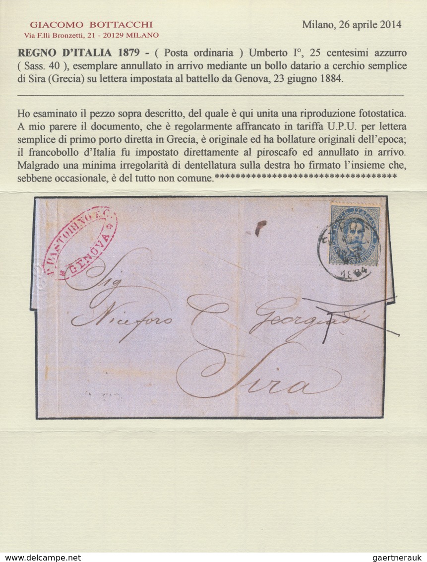 Br Italien: 1879, Umberto I 25 C Blue On On Maritime Letter Posted In Genova And Sent To Sira, Greece, - Marcophilie