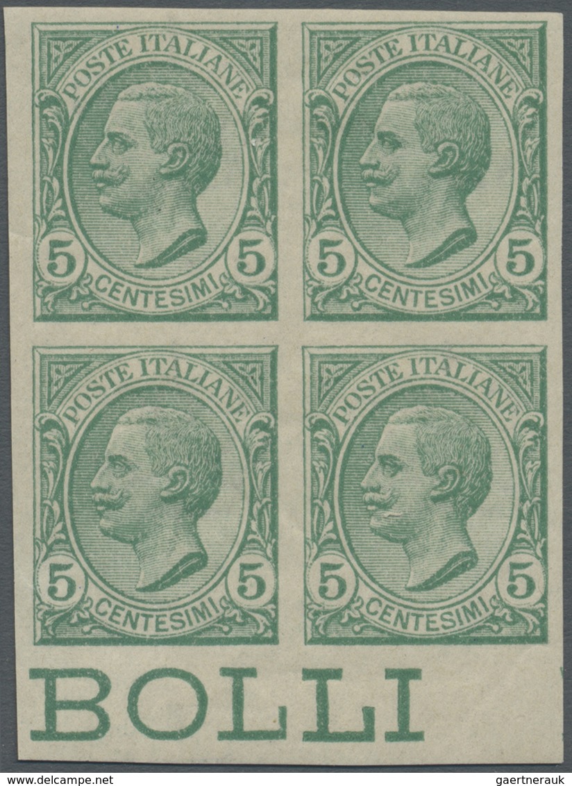 * Italien: 1906, 5c. Green, Bottom Marginal Block Of Four, Mint O.g., Certificate Studio Peritale Roma - Marcophilie