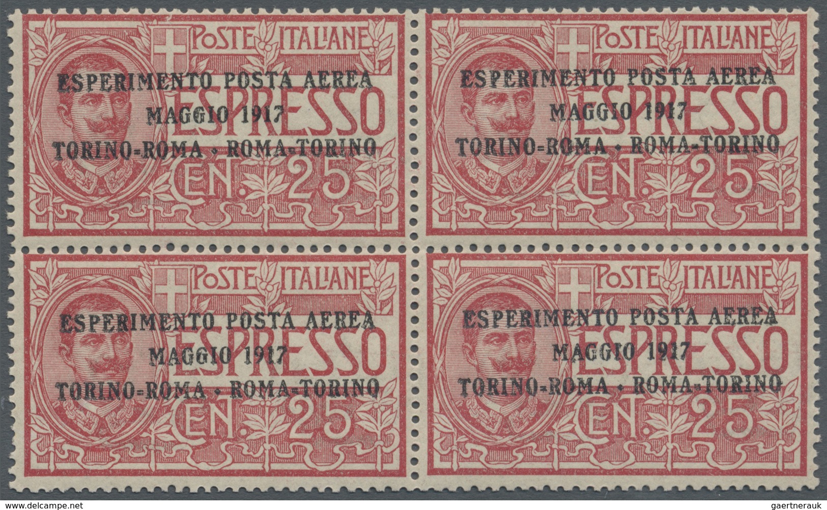 **/ Italien: 1917, Airmail Stamp "TORINO-ROMA", 25c. Rose, Block Of Four, Unmounted Mint. Sass. PA1, 325 - Marcophilie