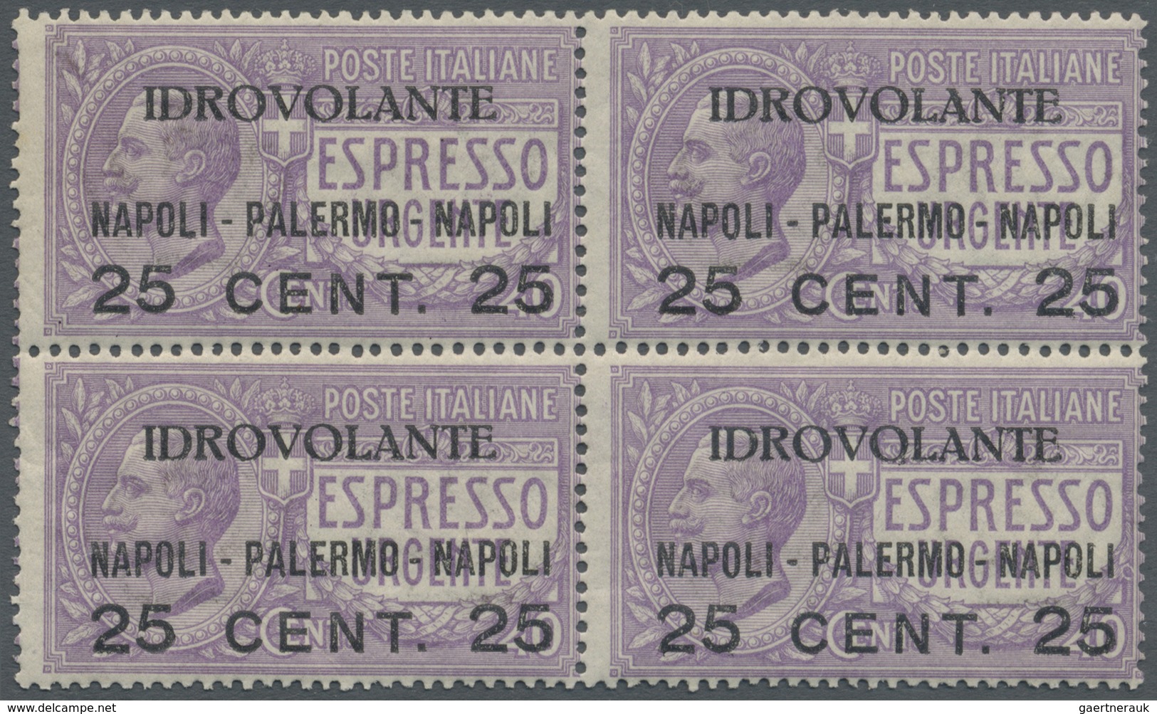 **/ Italien: 1917, Airmail Stamp "NAPOLI-PALERMO", 25c. On 40c. Violet, Block Of Four, Unmounted Mint. S - Marcophilie